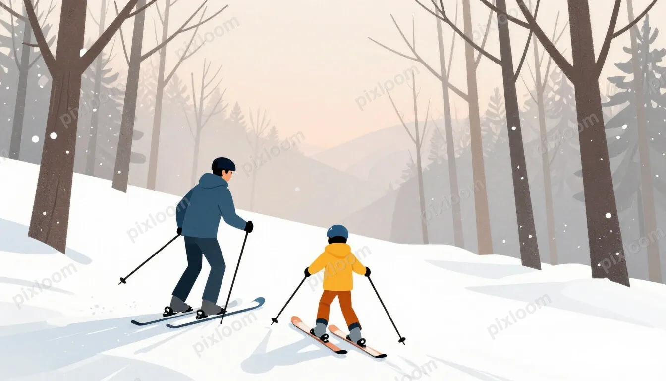Rear view of a man and a boy skiing downhill through fresh p