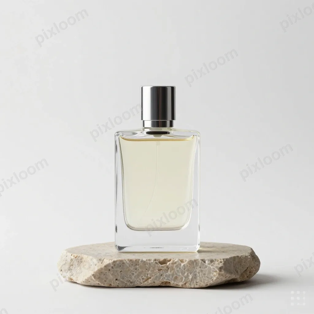 minimal glass perfume bottle on a stone pedestal