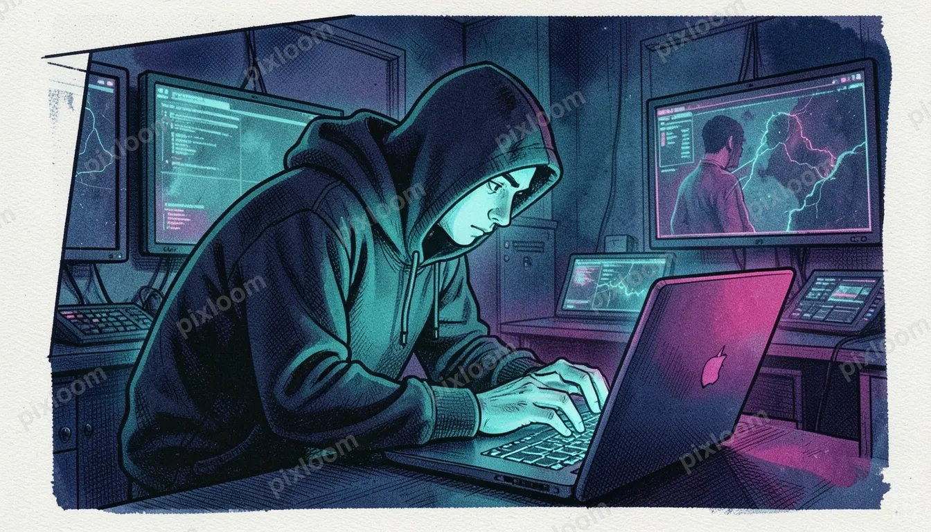 A person in a dark hoodie hunched over a glowing laptop late