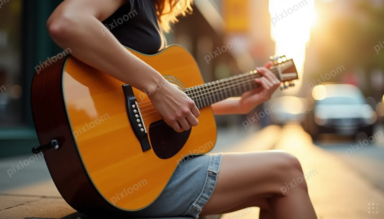 A person sits on a curb and plays an acoustic guitar on a su