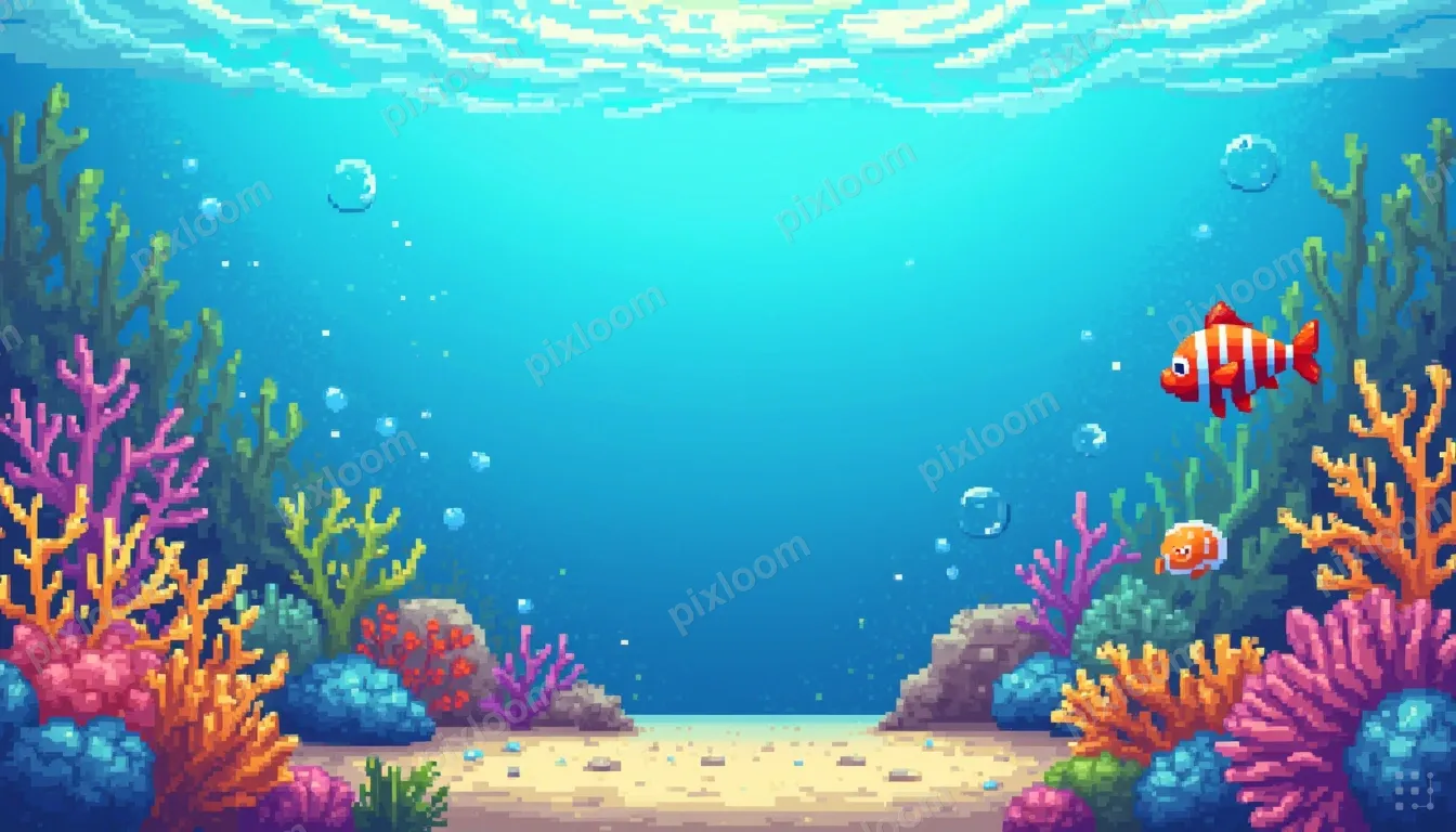 Pixel art aquarium scene with colorful tropical fish, coral,