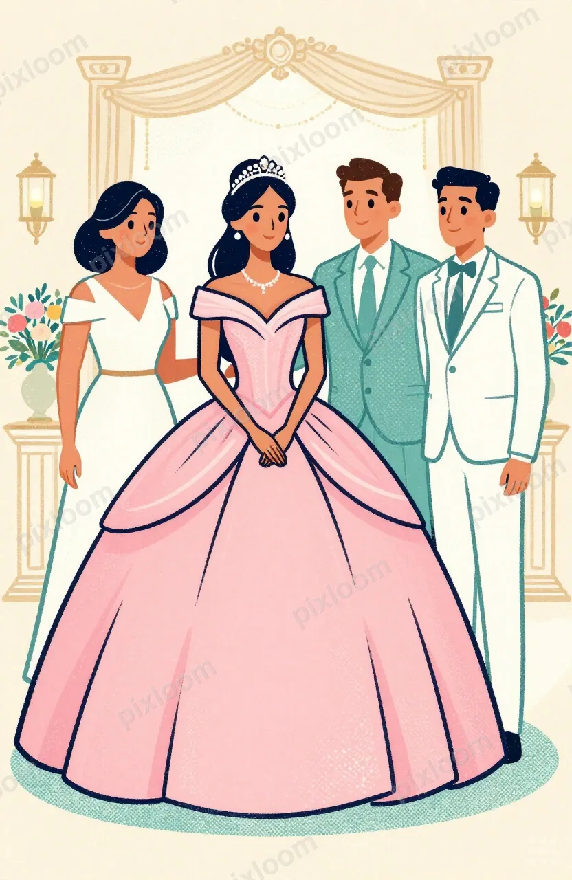 Quinceanera celebration, girl in flowing pink dress, decorat