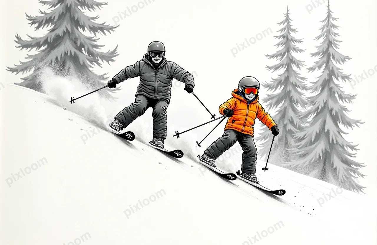 a boy and his dad skiing in the glades. the boy shows a bold