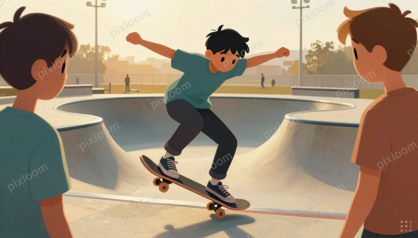 Teens skateboarding at a skatepark, one mid-trick, friends w
