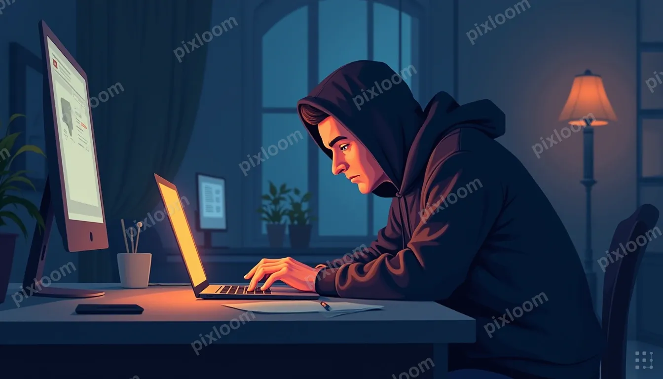 A middle aged person in a dark hoodie hunched over a glowing