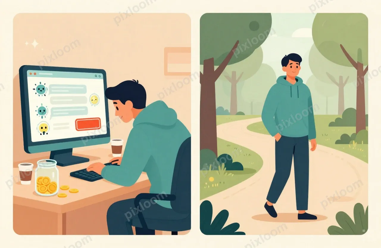 Two-panel split illustration, side by side, divided by a thi