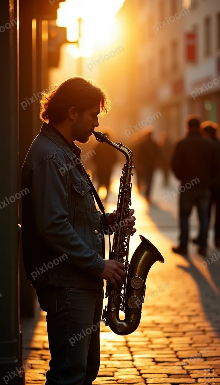 Street musician playing saxophone on a corner, passersby dro