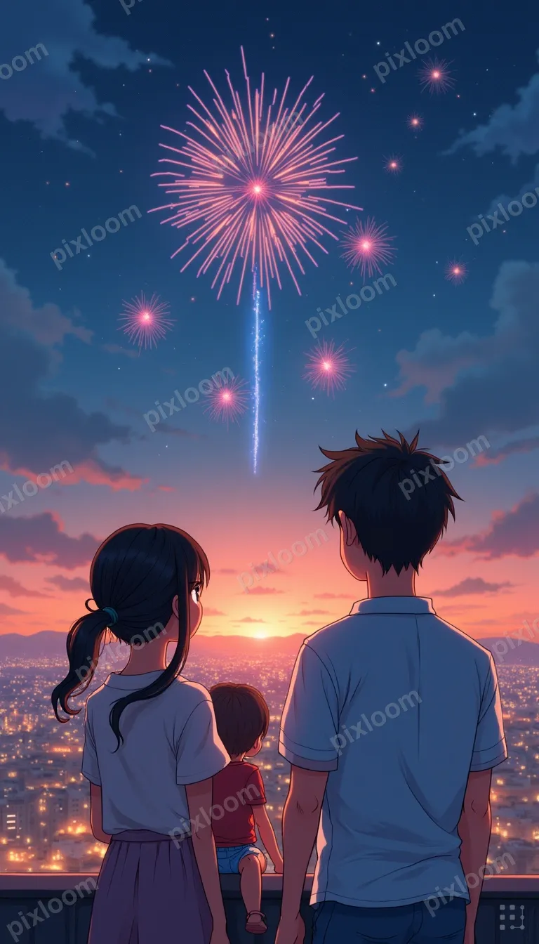 Anime-style family scene — parents and child watching firewo