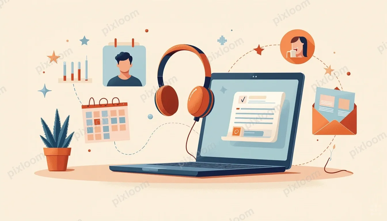 Modern illustration of remote work tools floating — laptop, 