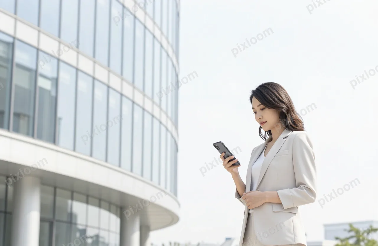 A woman stands outdoors in front of a modern glass office bu