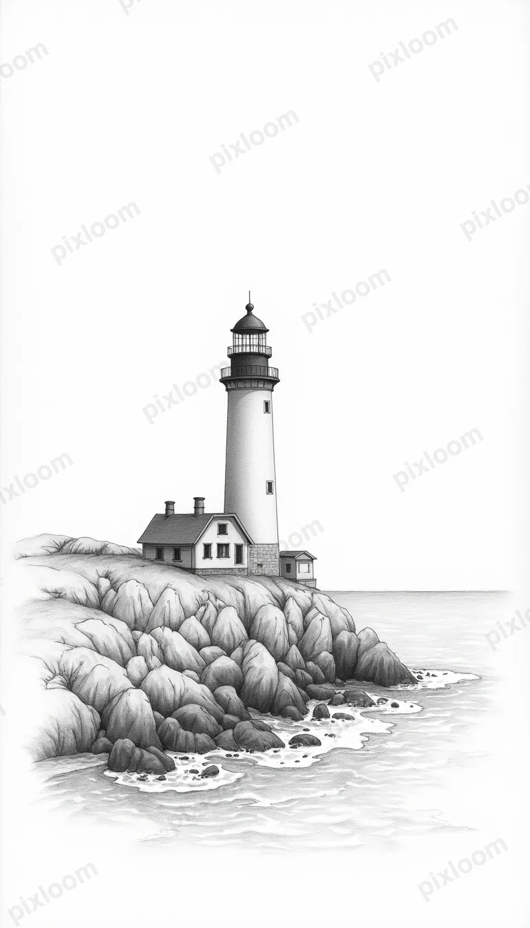 Pencil sketch of an old lighthouse on rocky coast, waves cra
