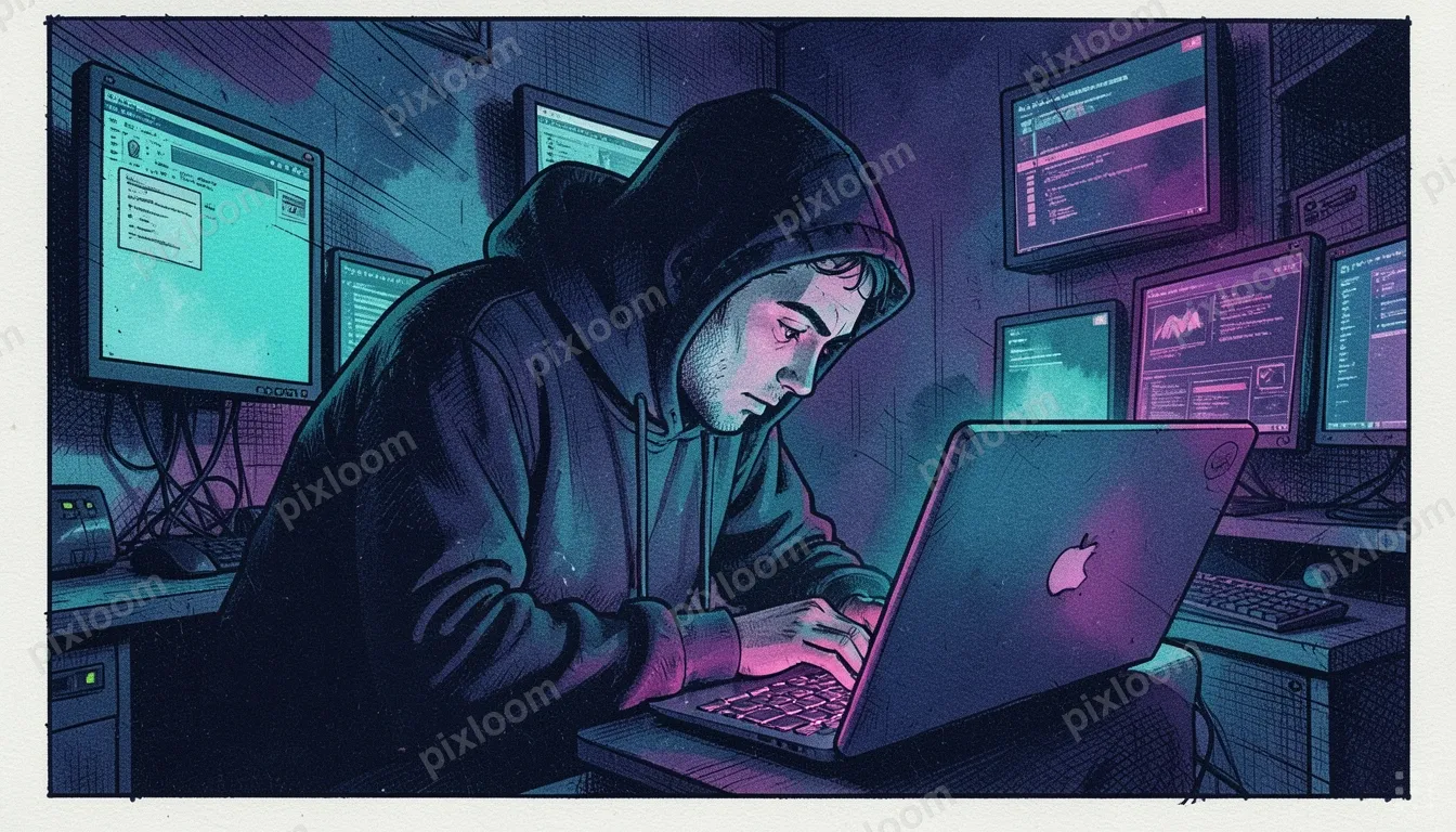 A person in a dark hoodie hunched over a glowing laptop late