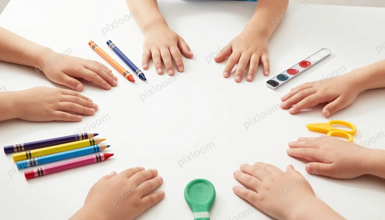 Product shot of children's art supplies — crayons, paint, pa