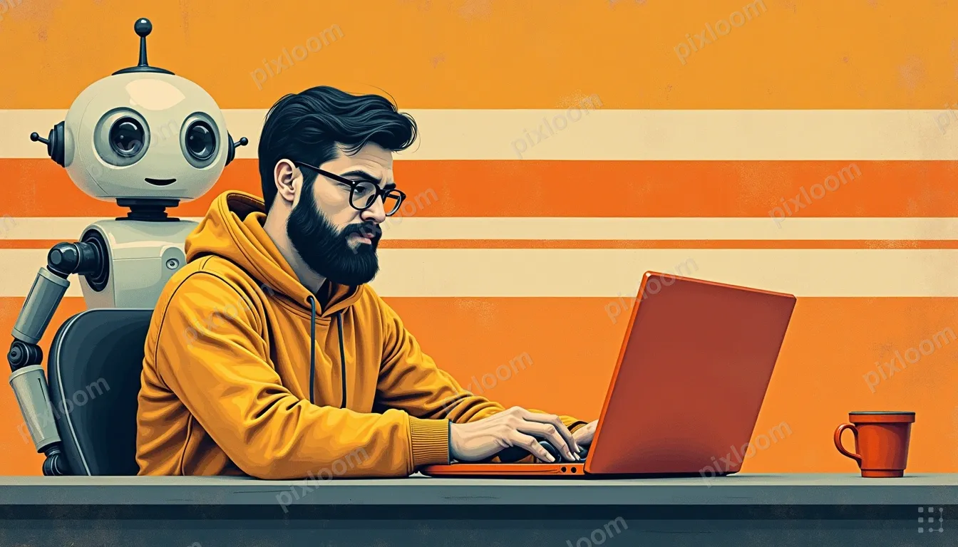 A man with glasses and a beard sits at a desk, typing on a l