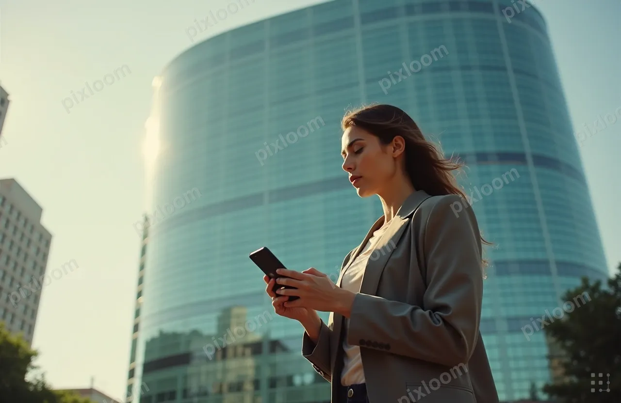 A woman stands outdoors in front of a modern glass office bu