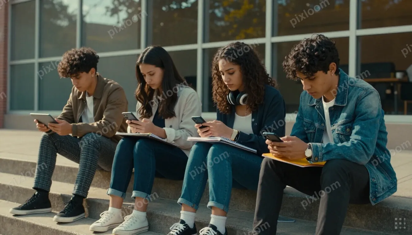 Four students sit on concrete steps outside a glass-front bu