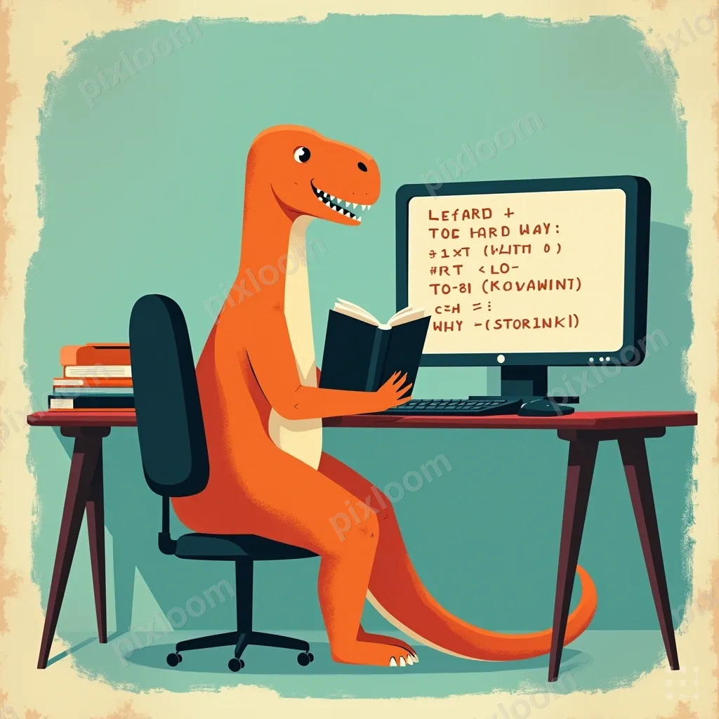 An orange dinosaur sits at a desk, reading a book titled LEA
