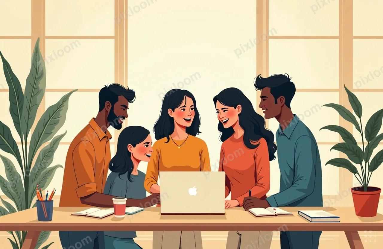 A diverse team of four people gathered around a laptop in a 