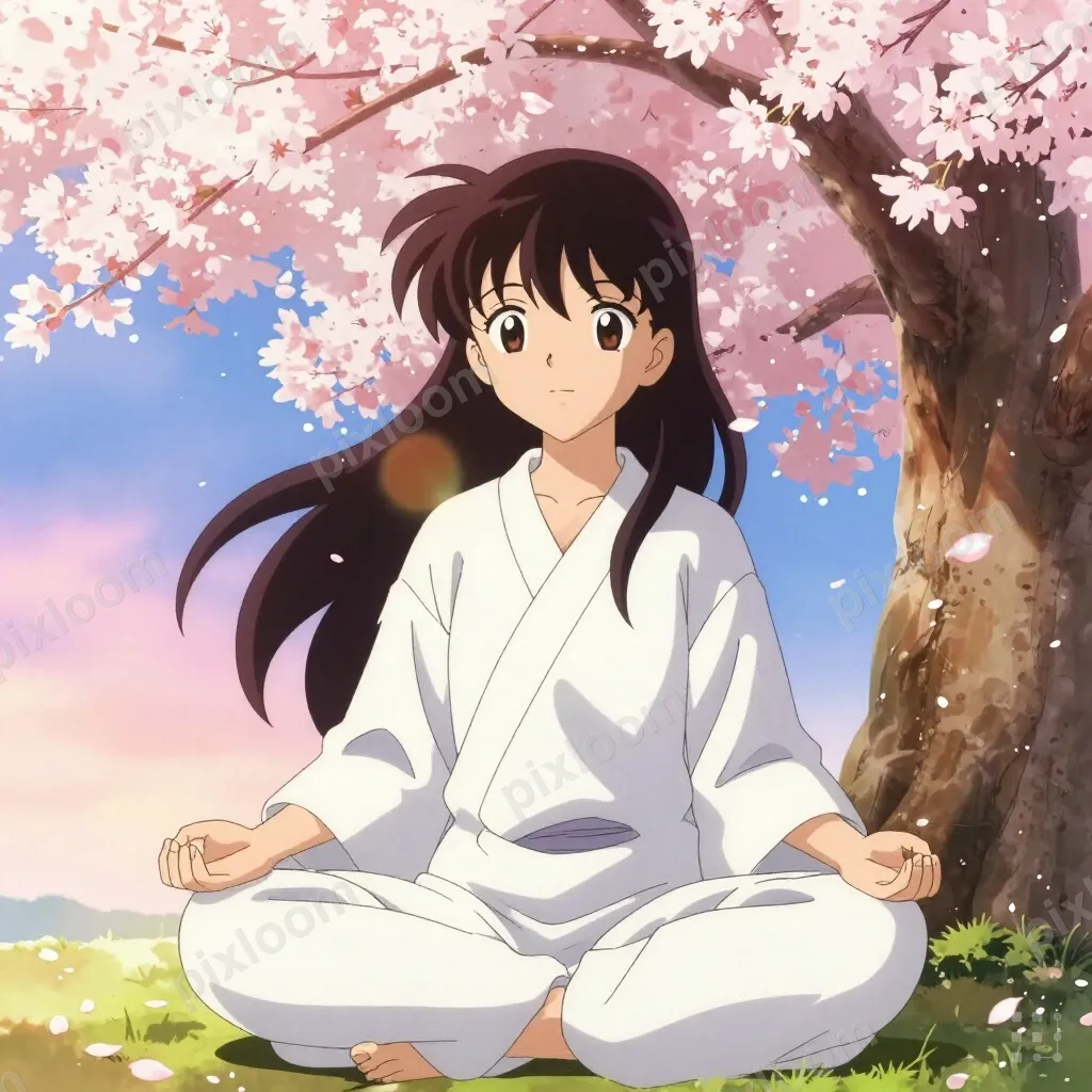 Anime character meditating under a blooming cherry tree, pet