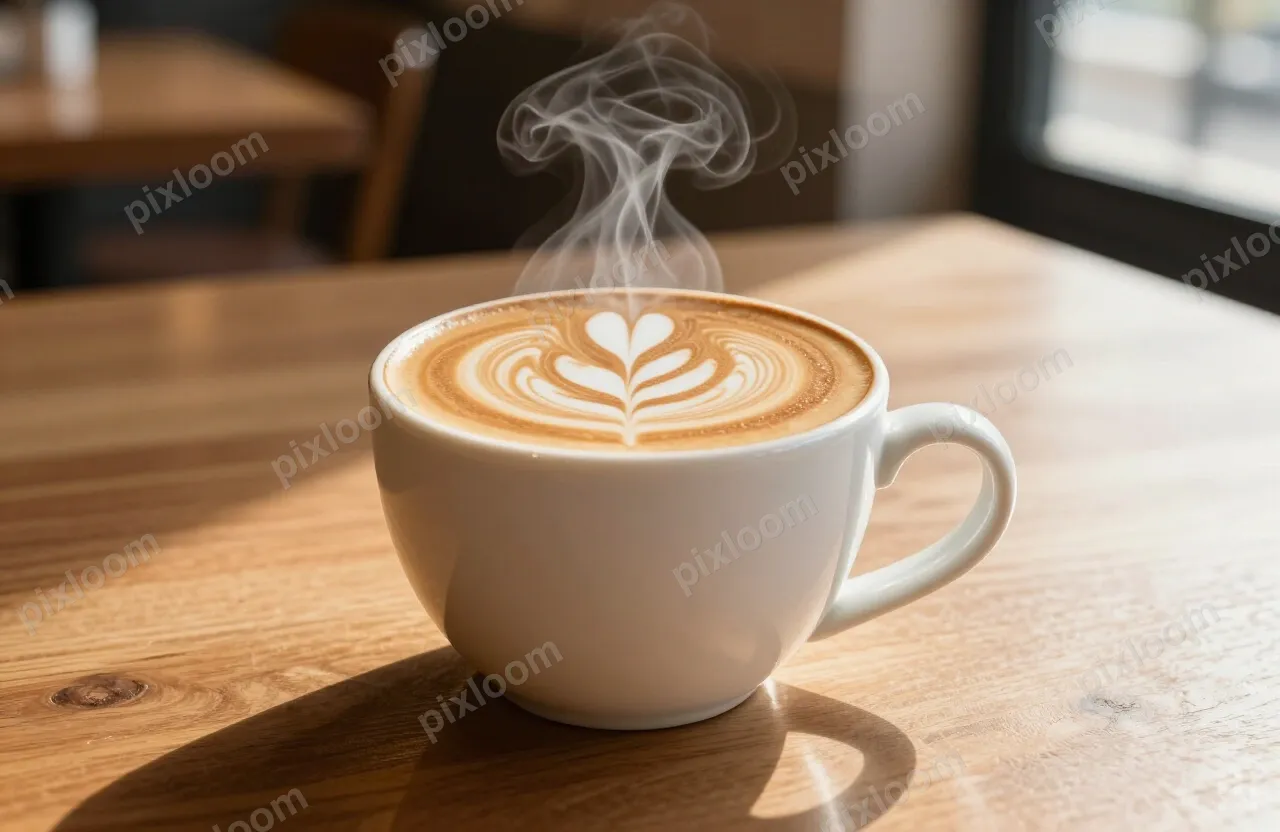 A ceramic mug of hot latte sits on a wooden table, latte art