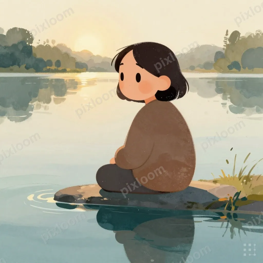 Watercolor painting of a person sitting by a calm lake, refl