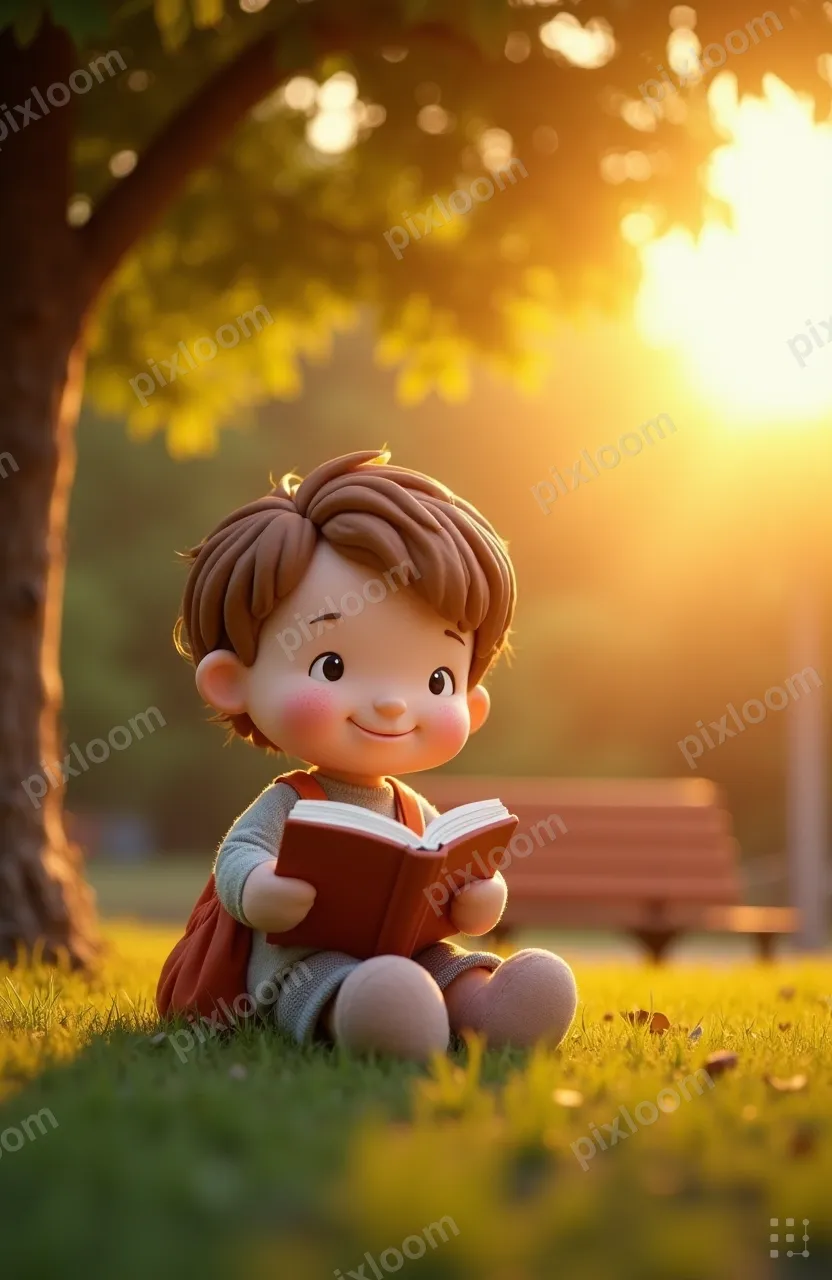 Child reading a book under a tree in a park, absorbed, backp