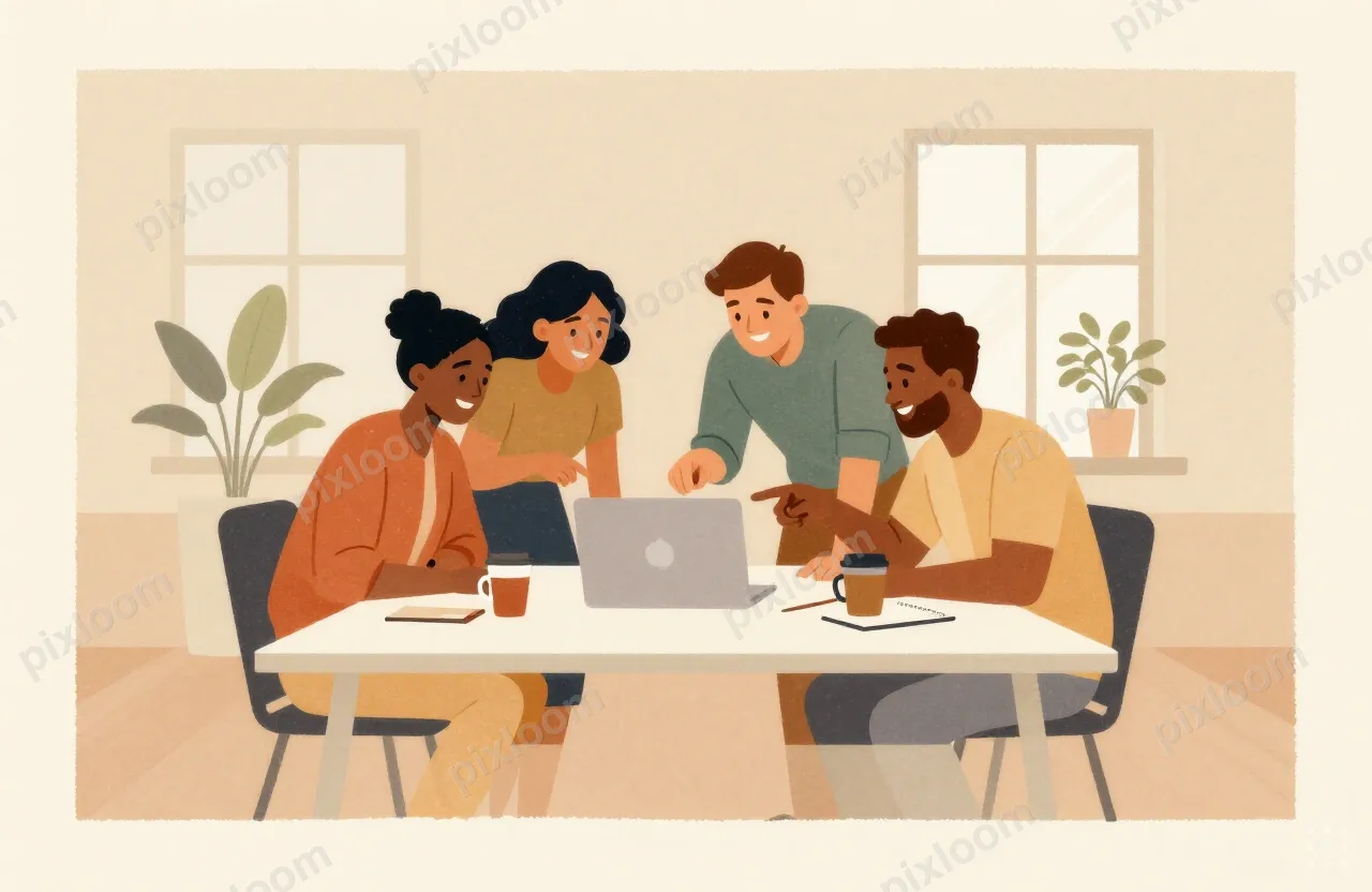 A diverse team of four people gathered around a laptop in a 