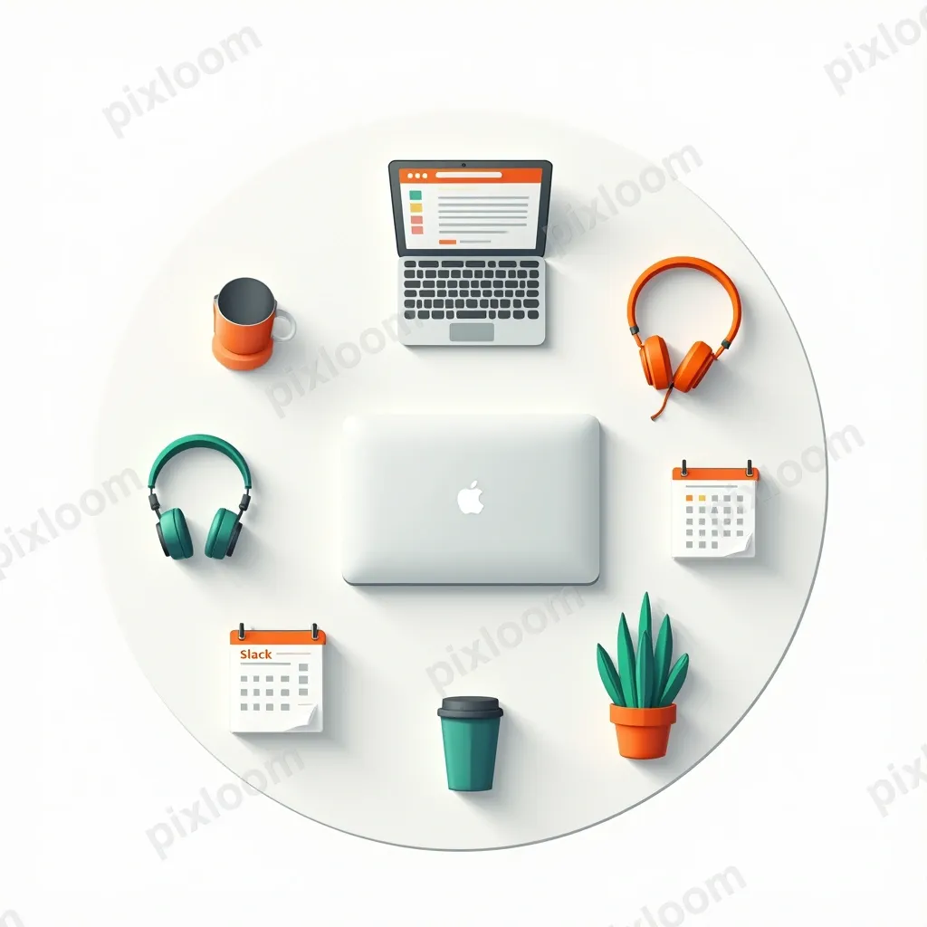 Vector illustration of remote work tools arranged in a circl