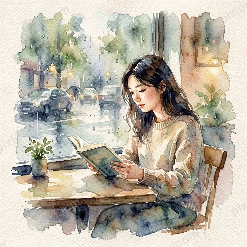 loose watercolor painting of a woman reading in a rainy cafe