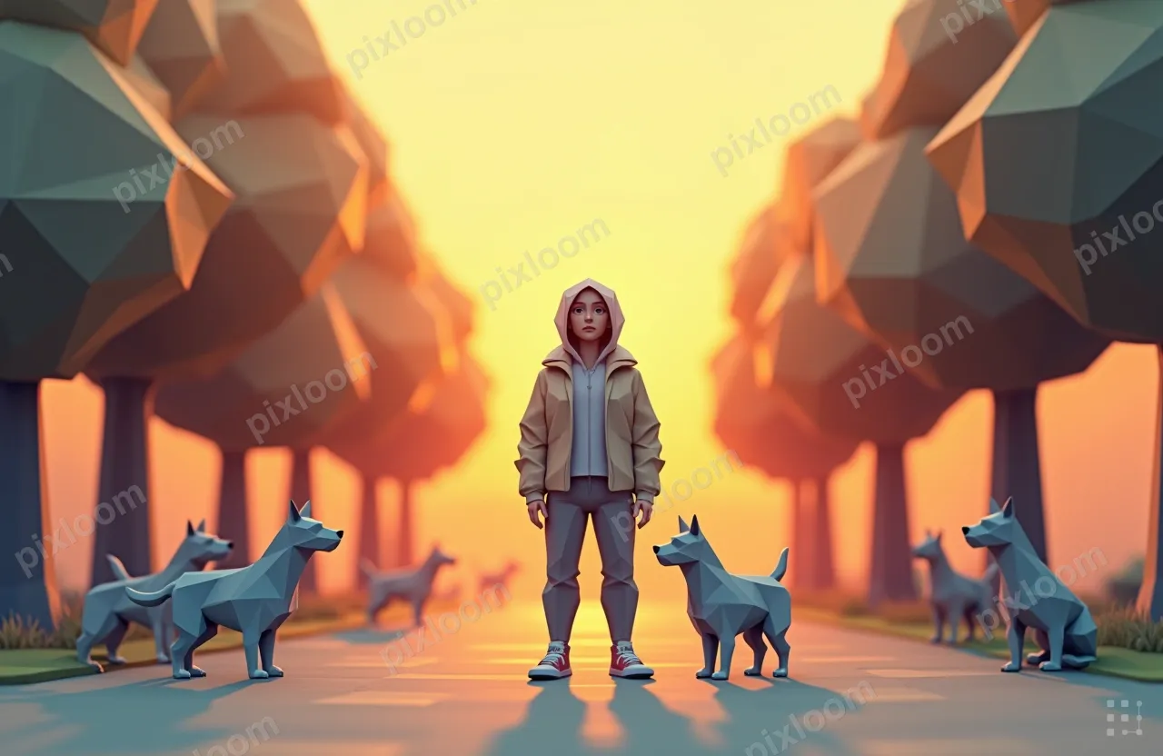 Low-poly geometric dog walker in a park, faceted trees and d