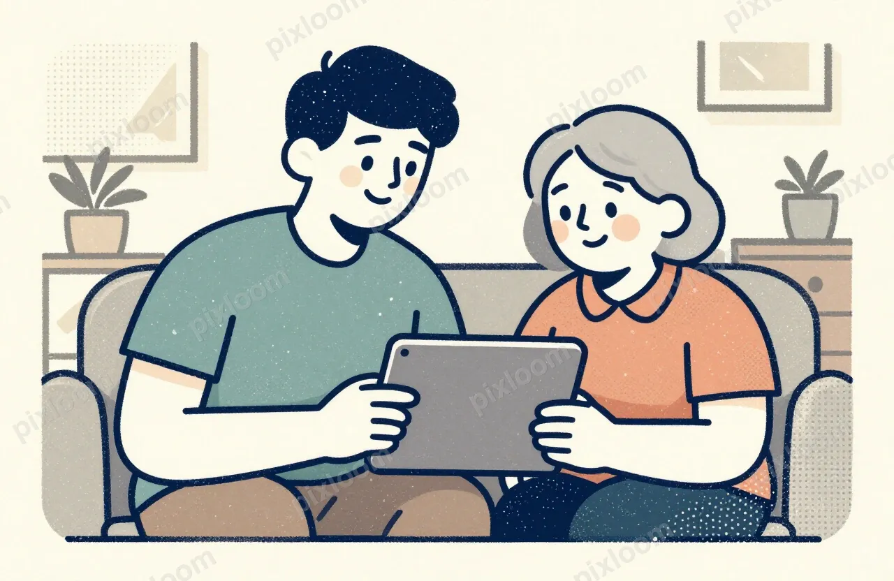 Teen teaching grandparent to use a tablet, patient smile, li