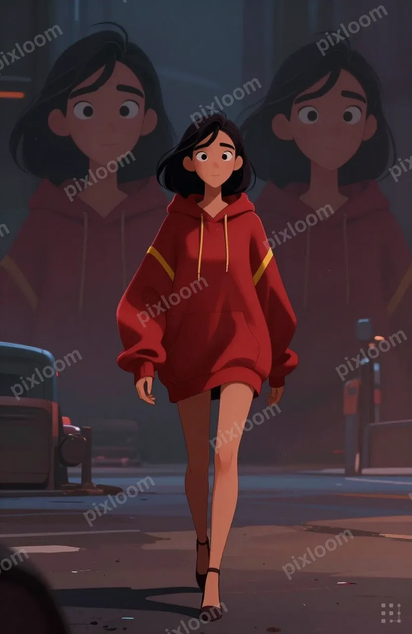Fashion sketch of teen street style, oversized red hoodie wi