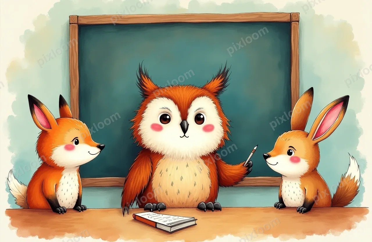 Storybook illustration of animals in a classroom — owl teach