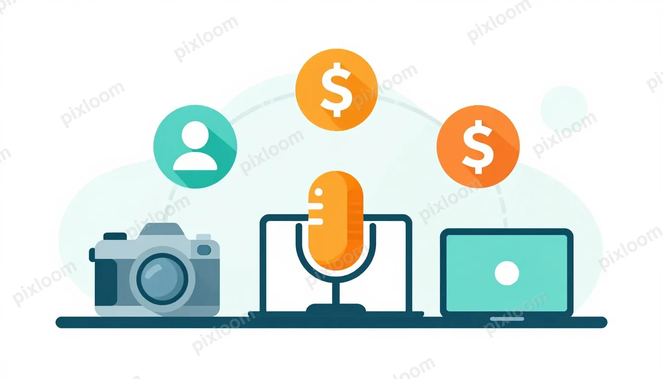 Vector illustration of a creator economy ecosystem — camera,