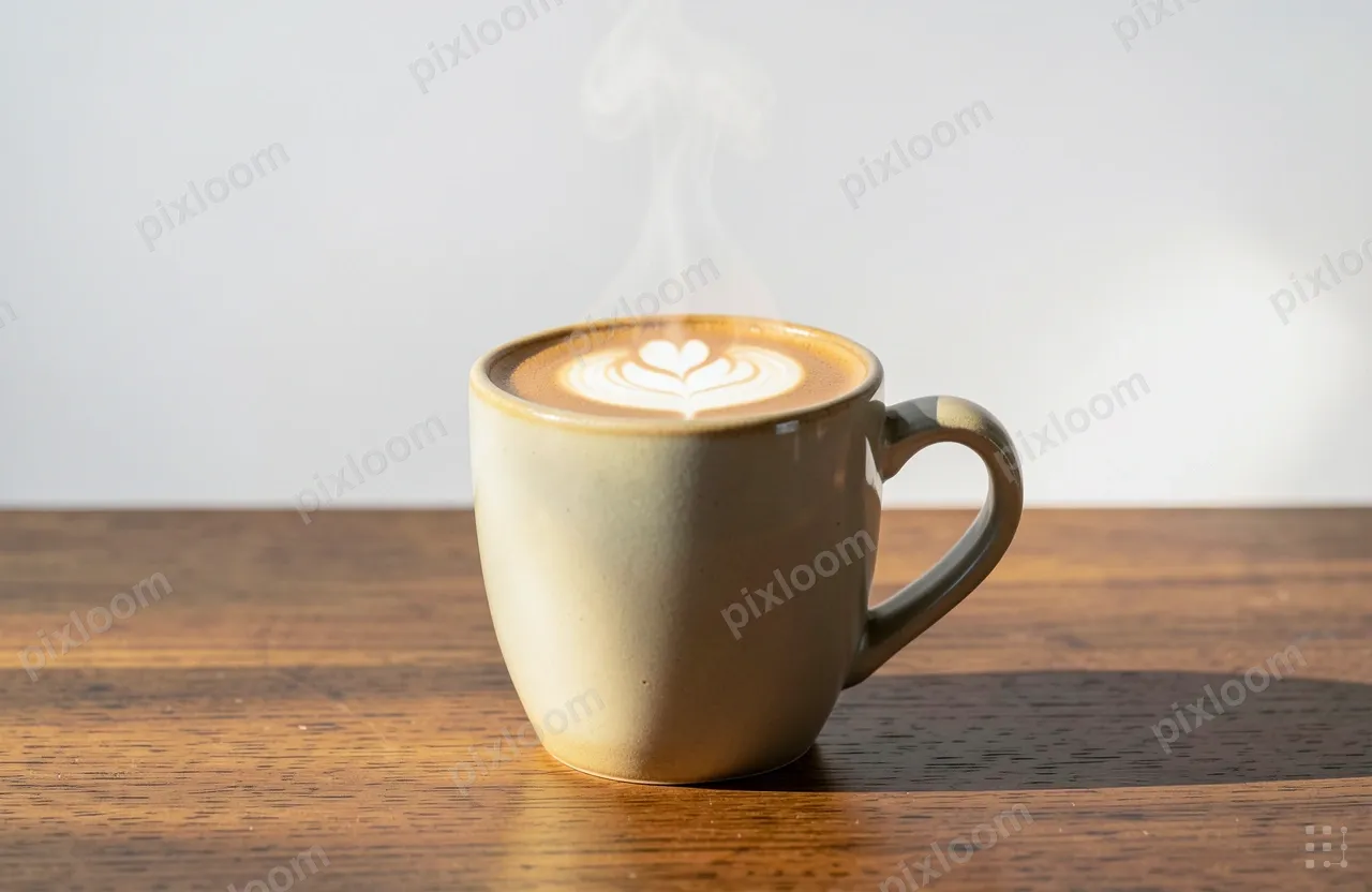 A ceramic mug of hot latte sits on a wooden table, latte art