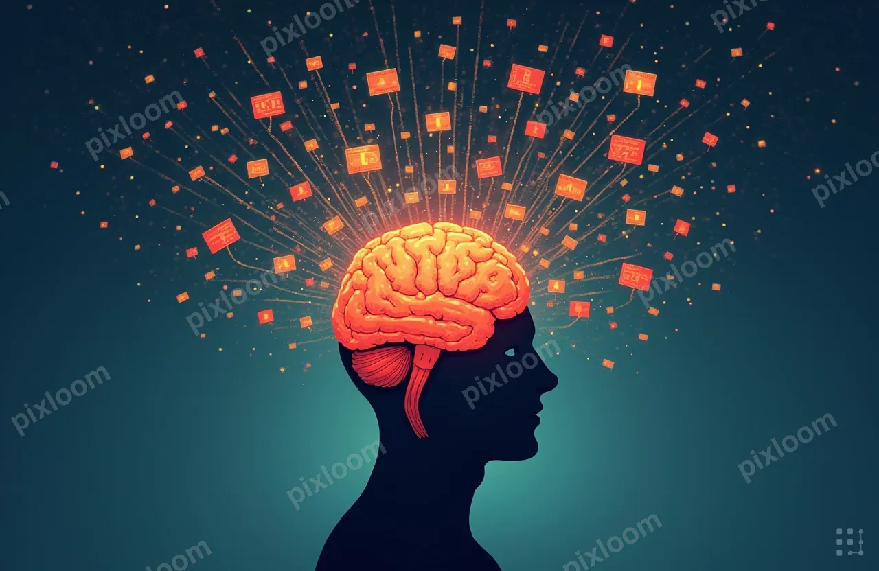 A human brain illustration with dozens of tiny glowing 
scre