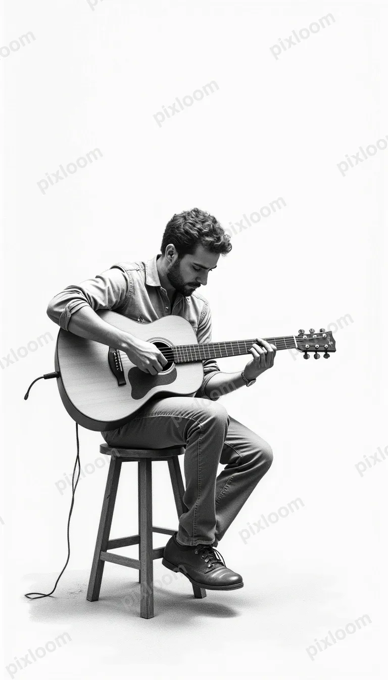 Pencil sketch of a musician playing acoustic guitar on a sto