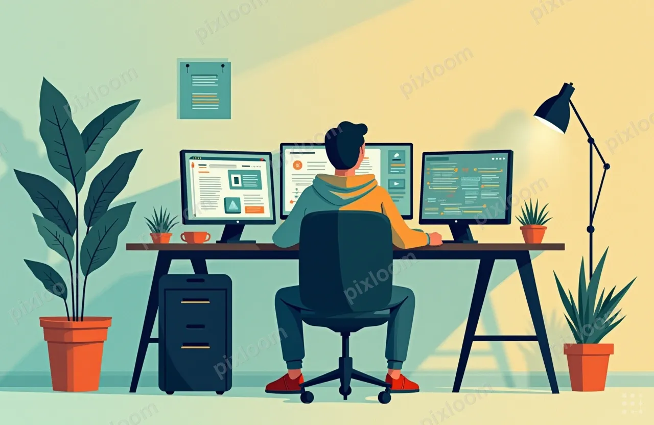 Relaxed engineer in a hoodie, leaning back in a chair, coffe