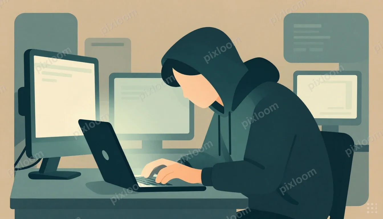 A lone figure in a dark hoodie hunched over a glowing laptop