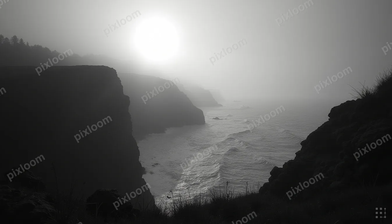 Foggy coastline with rocky cliffs, crashing waves below, lig