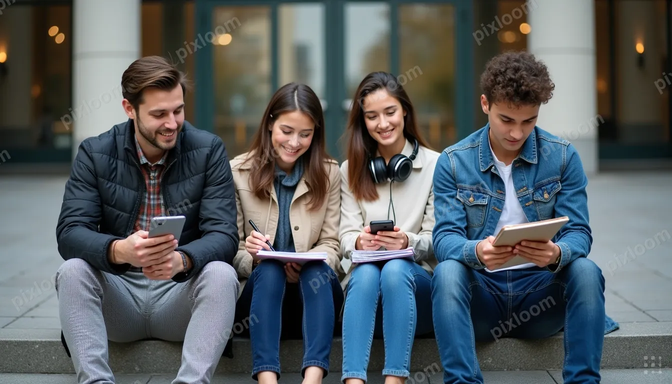 Four students sit on concrete steps outside a glass-front bu