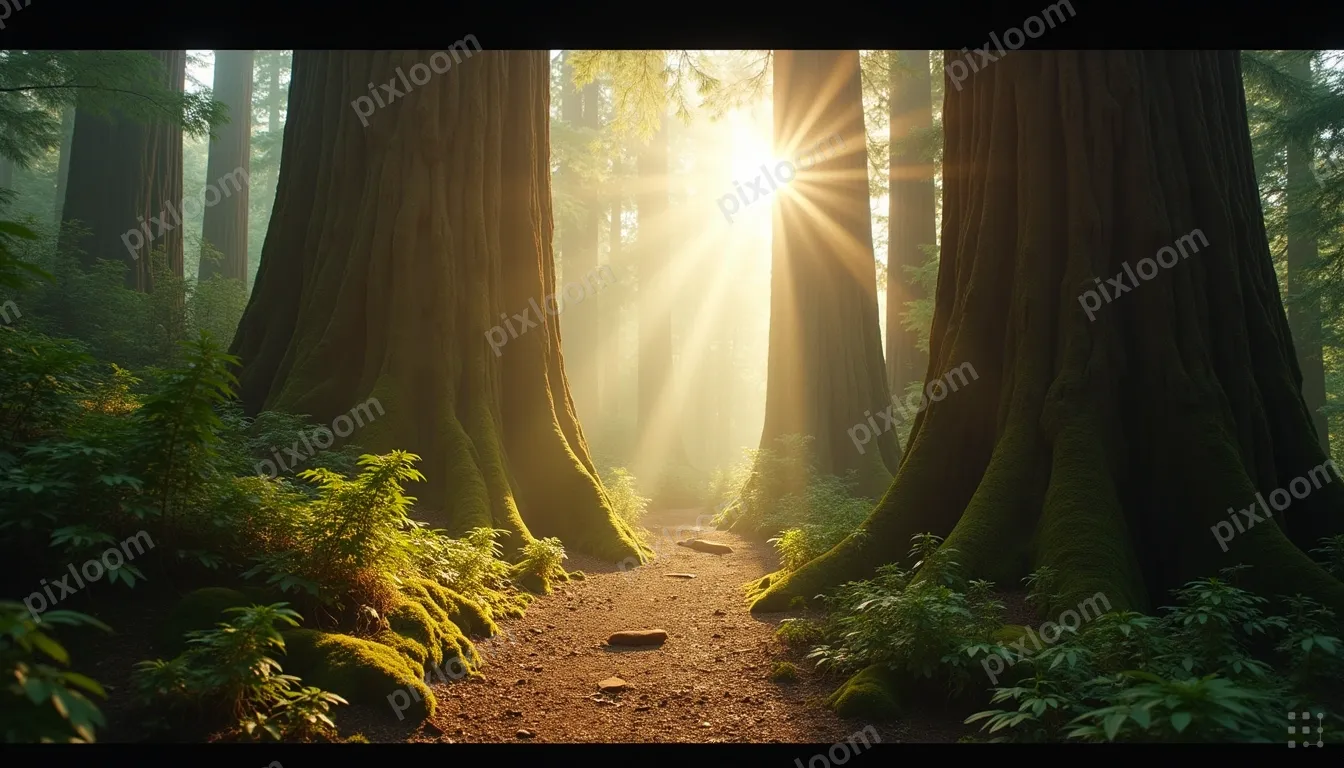 Sunlight filtering through tall redwood forest canopy, mossy