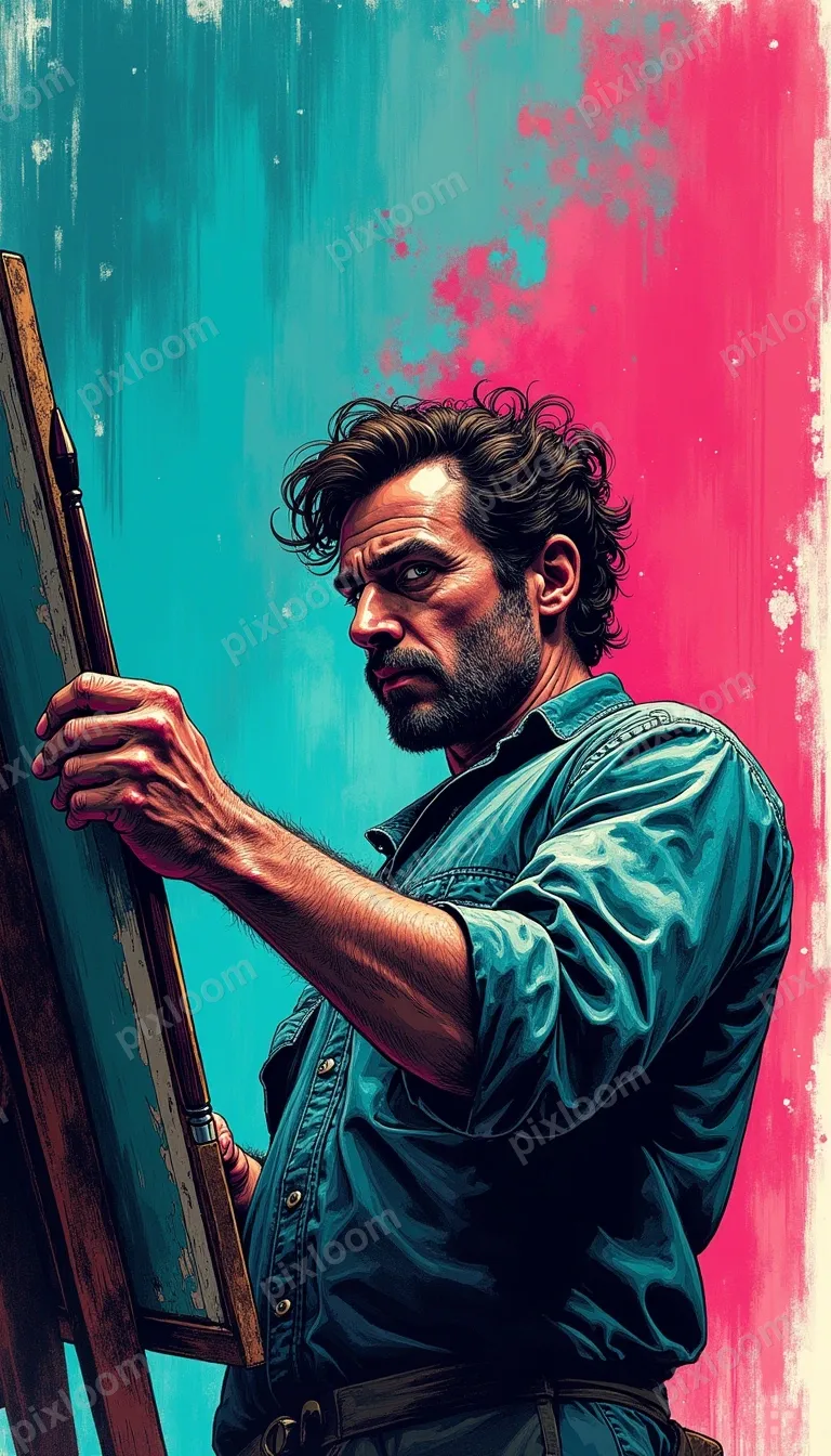 Pulp comic style artist dramatically wielding a giant paintb