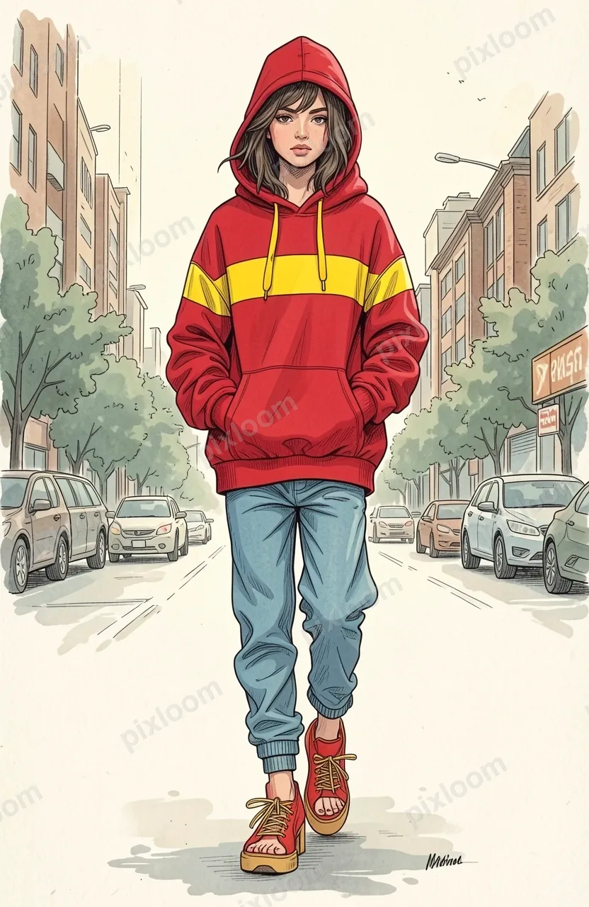 Fashion sketch of teen street style, oversized red hoodie wi