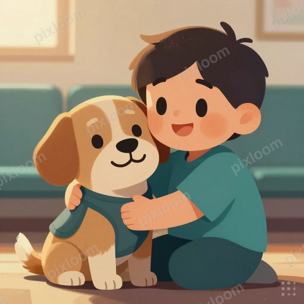 Child hugging a therapy dog, big smile, comfort animal vest,