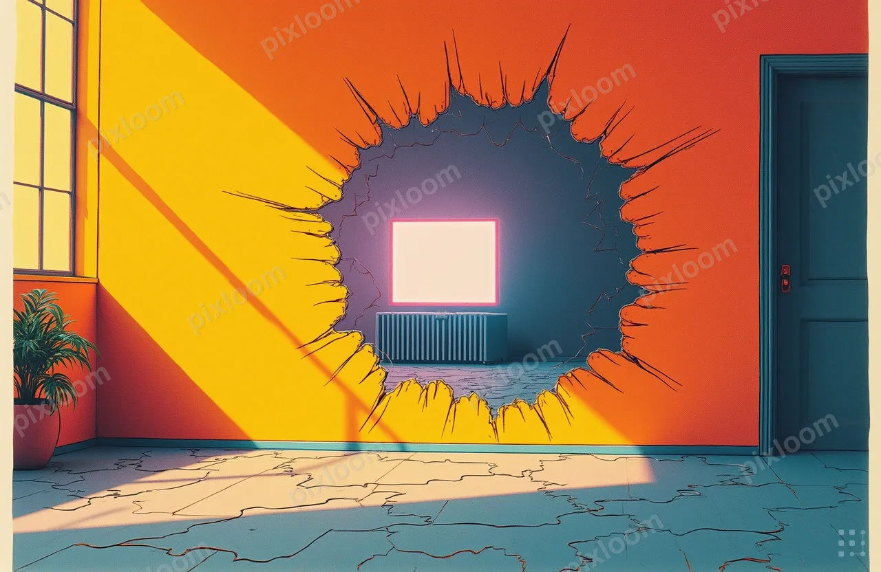 A cracked mirror on a wall reflecting a glowing 
computer sc