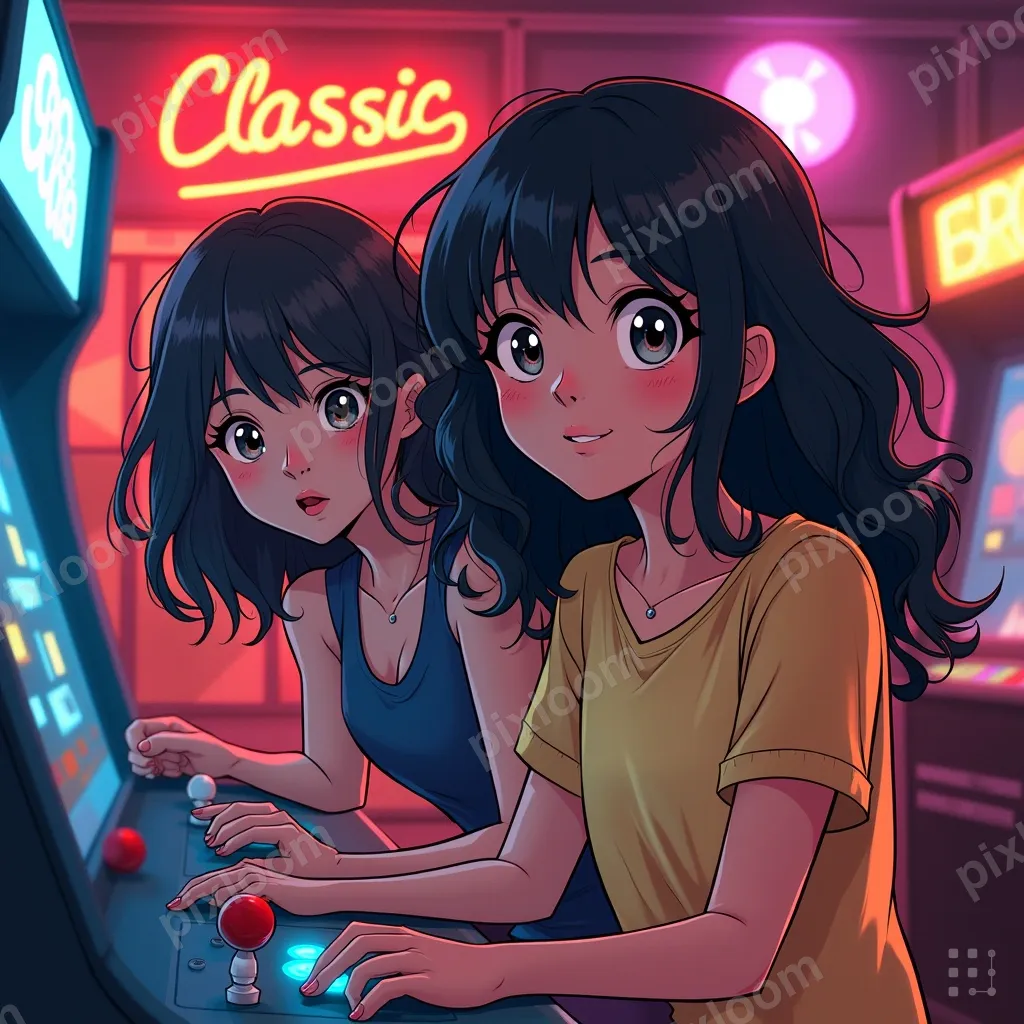 Comic-teens style friends at an arcade, playing classic game