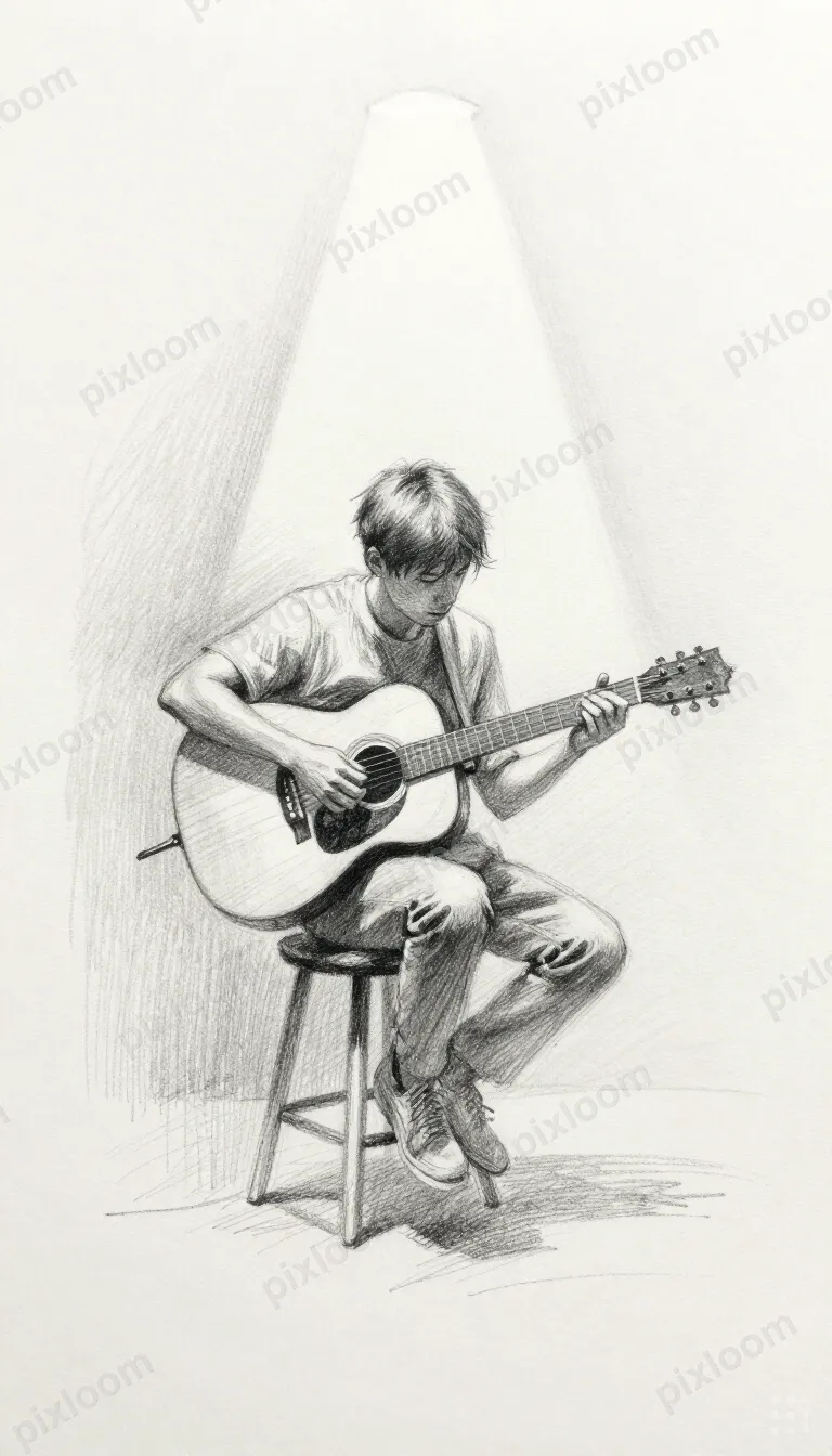 Pencil sketch of a musician playing acoustic guitar on a sto