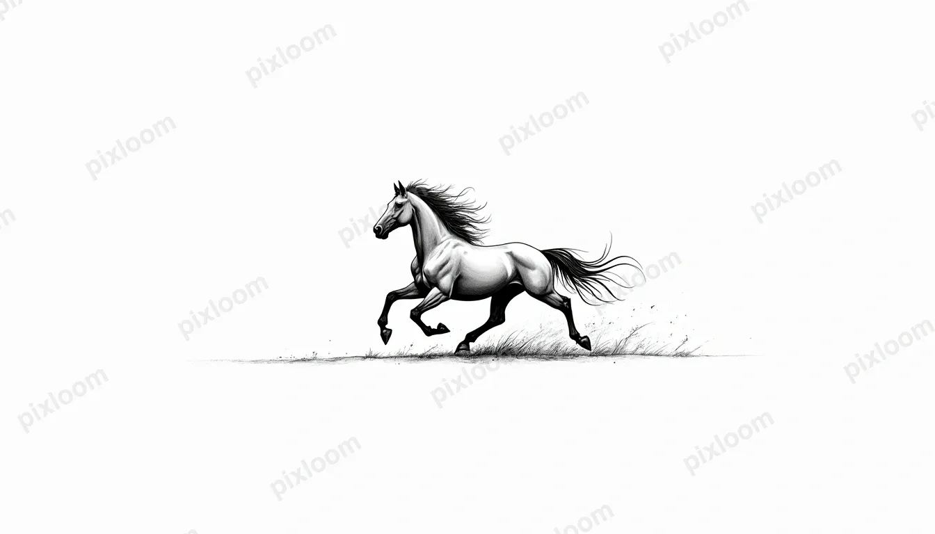 Line art of a horse in motion, galloping, flowing mane and t