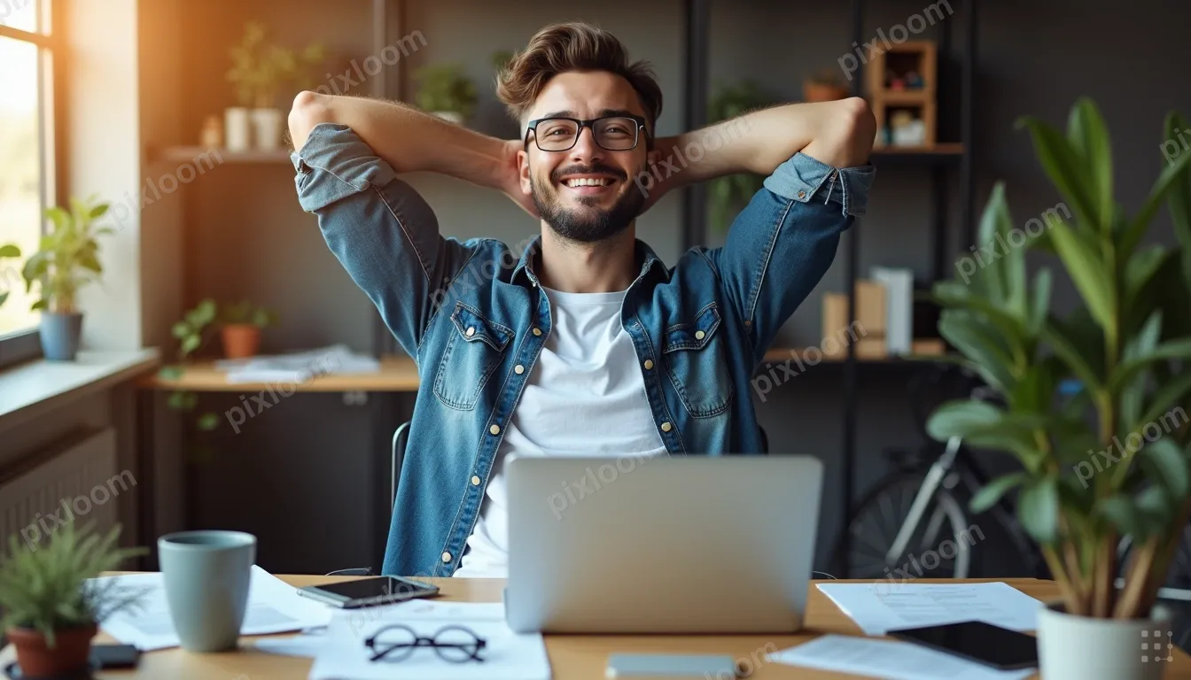 Man sits at a cluttered office desk, arms behind his head, s